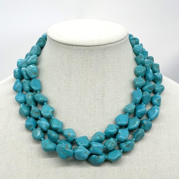 My Bead Emporium Jewelry - Triple strand Turquoise stones with silver chain  necklace.